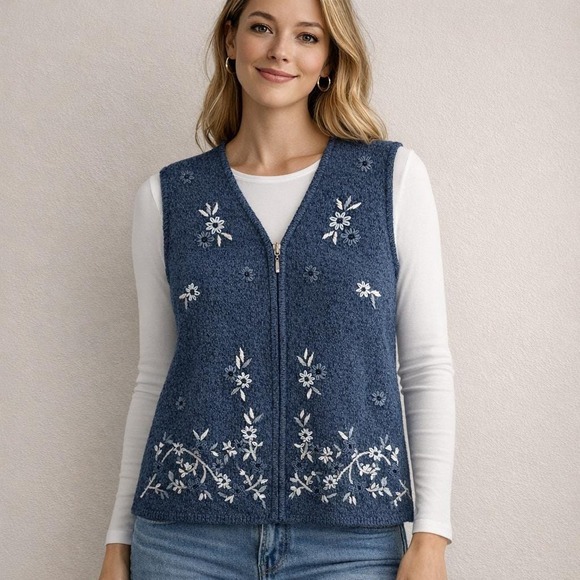 American Vintage Sweaters - Vintage Blue Floral Embroidered Knit Vest Zip Up M